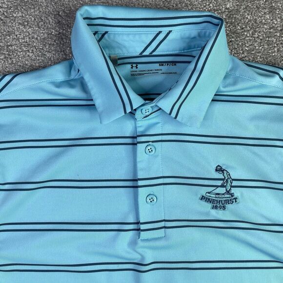 Under Armour Heatgear Polo Shirt Men’s Small Blue Striped Loose Pinehurst 1895 - Picture 1 of 12